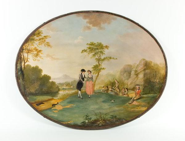 Edward Bird Decorated oval japanned tray base with painted scene from Tristram Shandy, signed and attributed to Edward Bird.